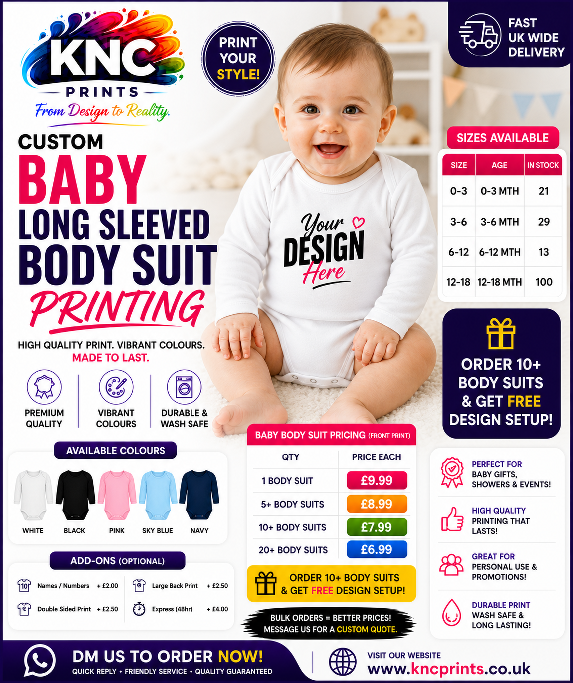 Custom Baby Long Sleeved Body Suit Printing